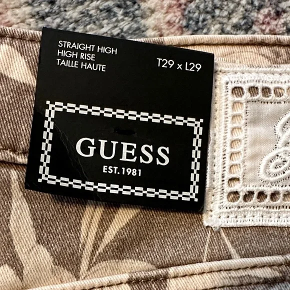 GUESS Taupe Floral Spring Straight High Girly Jeans with Cream Print - Picture 2 of 11